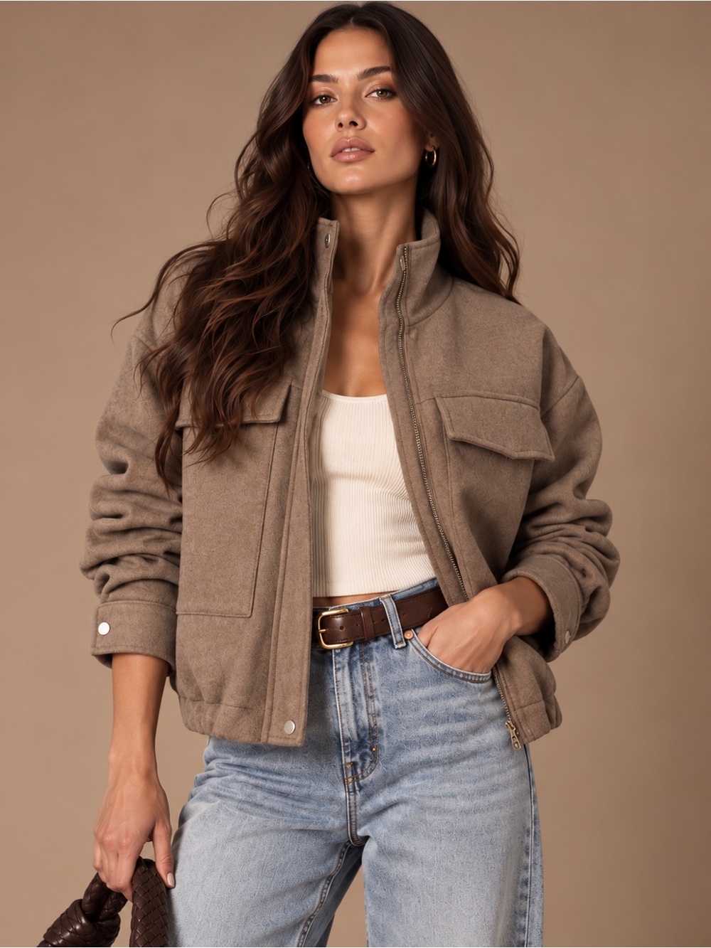 Womens Taupe Oversized Zip Jacket